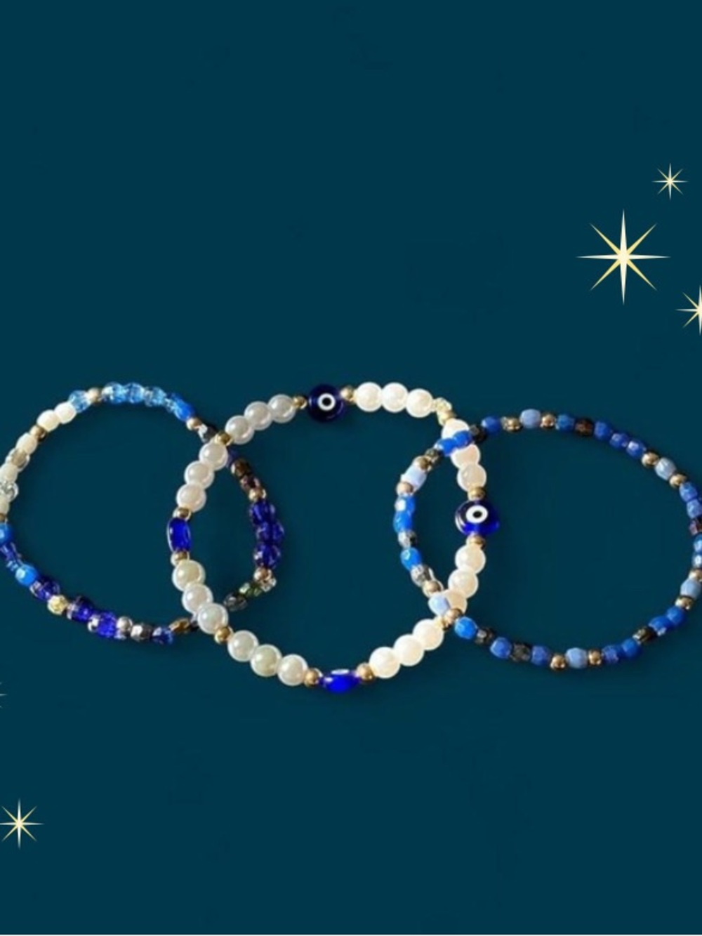 Beaded Blue and White Evil Eye Stretch Bracelet Set - Women Jewelry